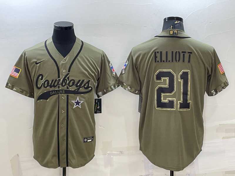 Men%27s Dallas Cowboys #21 Ezekiel Elliott 2022 Olive Salute to Service Cool Base Stitched Baseball Jersey->dallas cowboys->NFL Jersey